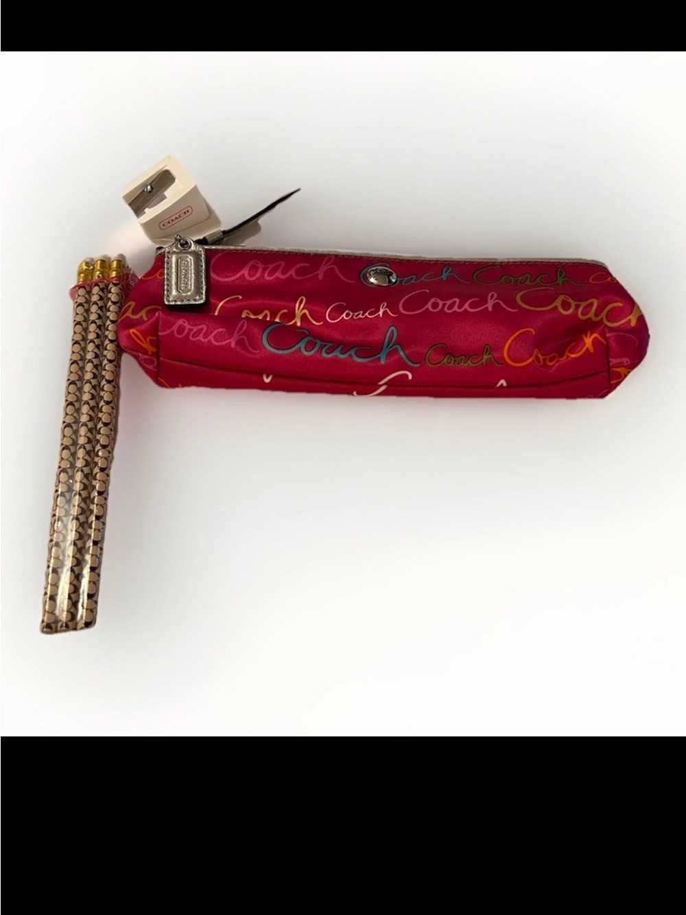 Coach Pencil Case Set-Multicolor Script, Hot Pink Satin,with Pencils & Sharpener